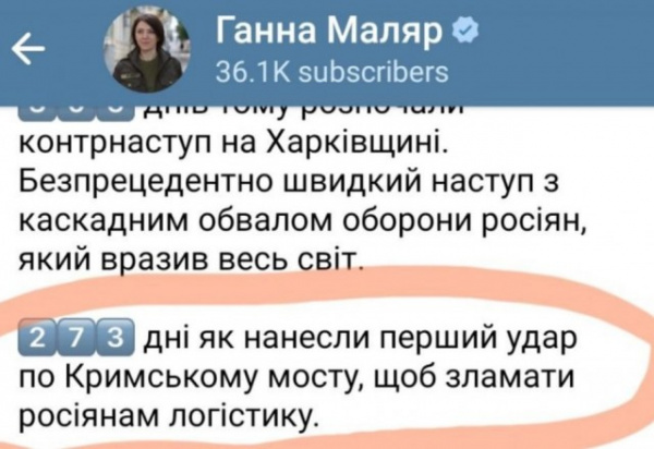 Терроризм: Замминистра обороны Украины Анна Маляр официально заявила, что за подрывом Крымского моста стоял Киев