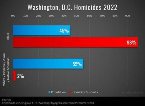 Криминал: Доля черного и белого населения Вашингтона, а также пропорция совершенных ими убийств в 22м году